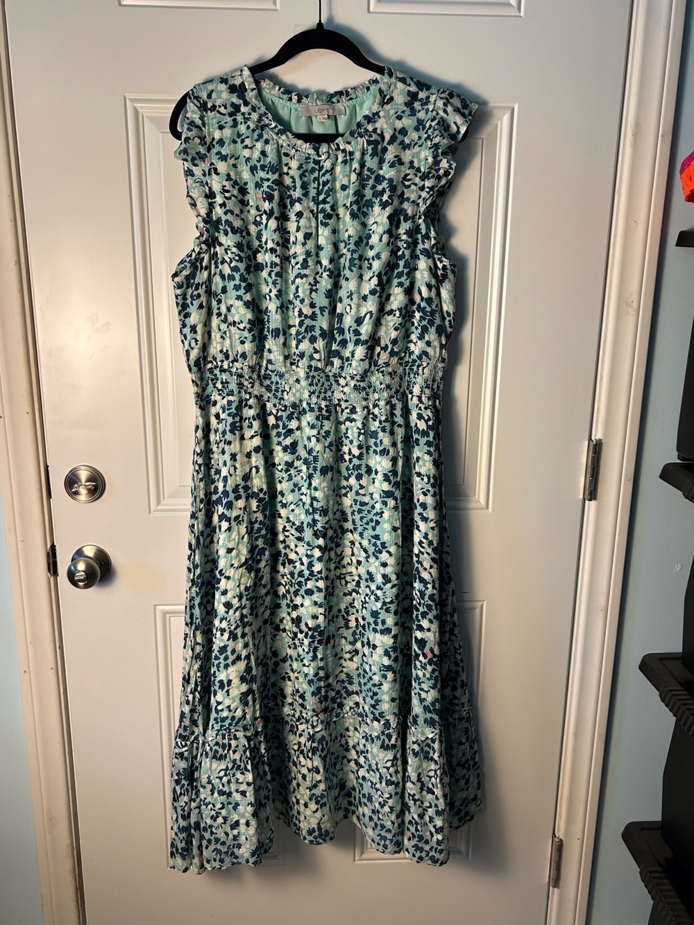 Light Greenish Blue Floral Dress Smocked Waist Ruffled Neckline Sleeves Cottage